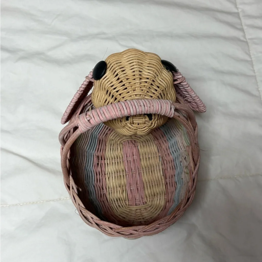 Vintage Woven Easter Bunny Basket with Pink, Blue, and Tan Accents